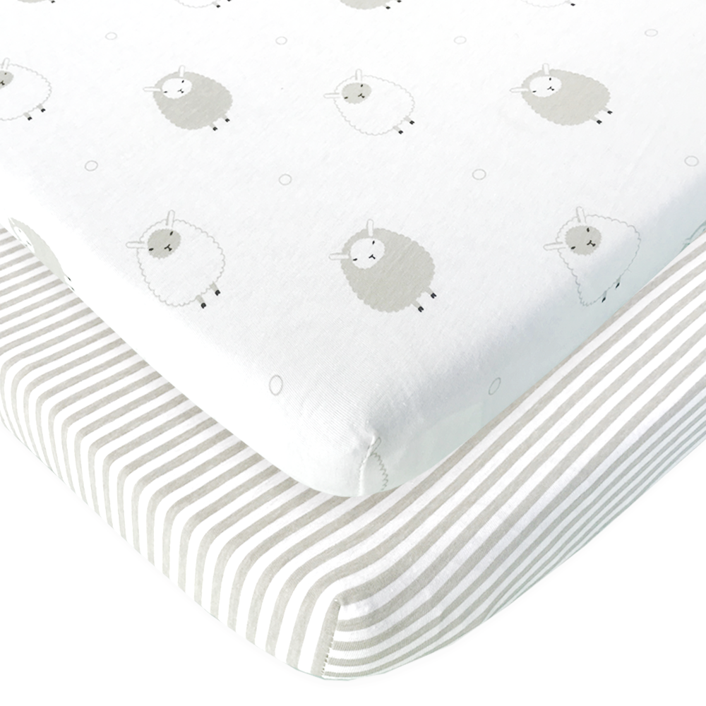 Cotton Jersey Fitted Playard Sheets, 2 Pack – Stripes & Lamb