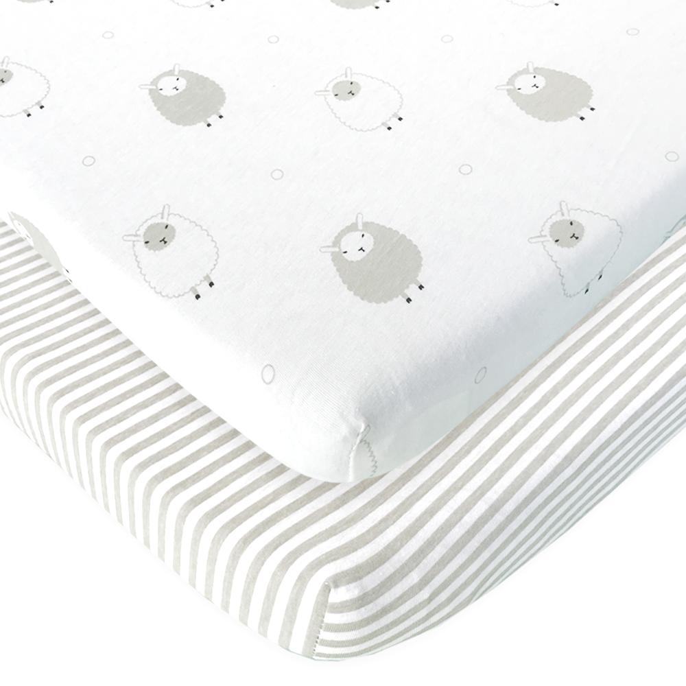 Cotton Jersey Cradle / Co Sleeper Fitted Sheets, 2 Pack – Stripes & Lamb